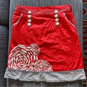 Anthropologie Red A-Line Skirt with Floral Design